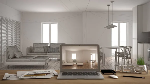 建筑师设计师桌面概念 笔记本电脑在木制办公桌与屏幕显示室内设计项目 素描草稿的背景下 当代客厅理念模板 — 图库照片