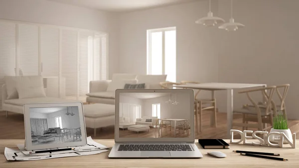 Architekt Designerkonzept Laptop Und Tablet Auf Holzarbeitstisch Mit Bildschirm Mit — Stockfoto