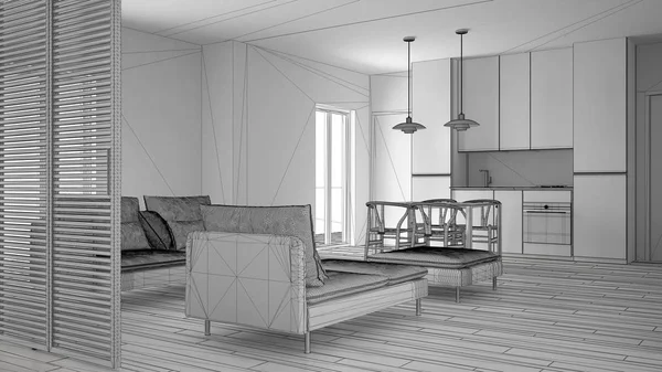 Unfinished project of modern clean living room with kitchen and dining table, sofa, pouf and chaise longue, minimal interior design
