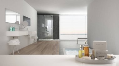 Spa, otel banyosu konsepti. Banyo aksesuarları, banyo malzemeleri, bulanık minimalist banyo, modern mimari iç tasarım...