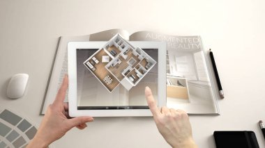 Artırılmış gerçeklik kavramı. Tablet 3d açılır etkileşimli Oda benzetimini yapmak için kullanılan Ar uygulama ile tutarak el hayat için haritaları