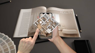 Artırılmış gerçeklik kavramı. 3d açılır etkileşimli ev haritalar hayata benzetimini yapmak için kullanılan Ar uygulaması ile Smartphone tutan el