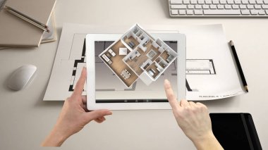 Artırılmış gerçeklik kavramı. Tablet 3d açılır etkileşimli Oda benzetimini yapmak için kullanılan Ar uygulama ile tutarak el hayat için haritaları