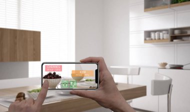 Artırılmış gerçeklik kavramı. Dijital tablet akıllı telefon kullanımının sağlıklı kahvaltı kalori bilgileri kontrol etmek için Ar uygulama tutan el