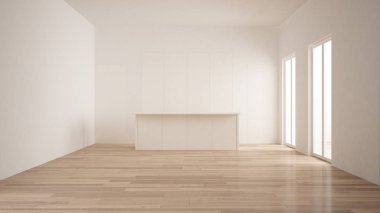 Minimalizm, beyaz gizli mutfak ada, parke zemin, beyaz ve ahşap iç tasarım modern boş oda