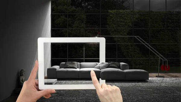Augmented Reality Konzept Hand Haltenden Tablet Mit Anwendung Verwendet Möbel — Stockfoto
