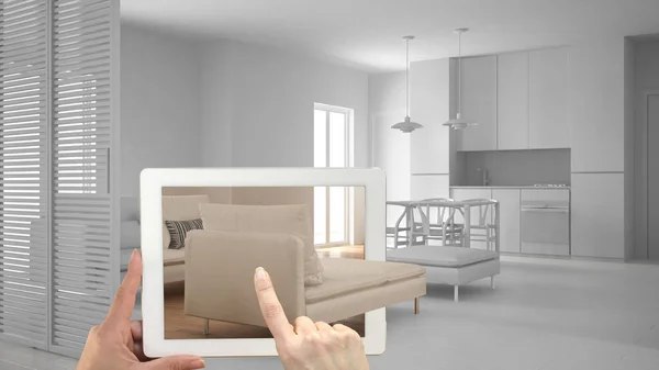 Augmented Reality Concept Hand Met Tablet Met Toepassing Gebruikt Simuleren — Stockfoto