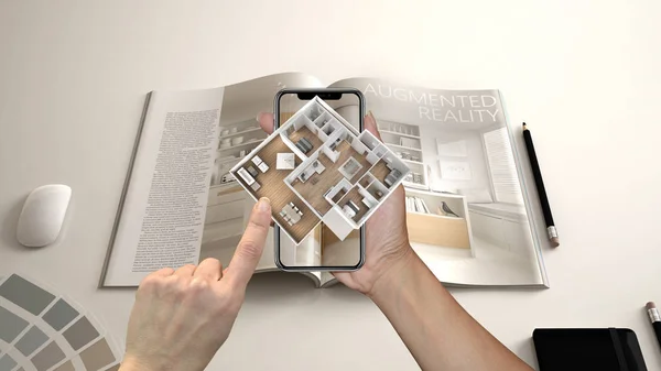 Augmented Reality Concept Hand Met Smartphone Met Toepassing Gebruikt Simuleren — Stockfoto