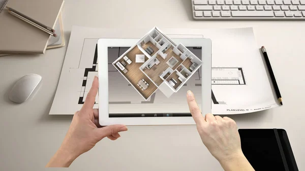 Augmented Reality Concept Hand Met Tablet Met Toepassing Gebruikt Simuleren — Stockfoto