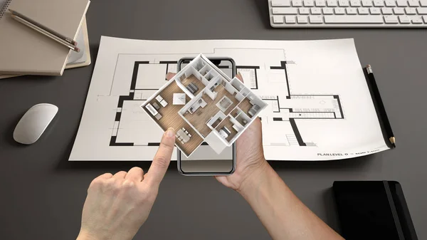 Augmented Reality Concept Hand Met Smartphone Met Toepassing Gebruikt Simuleren — Stockfoto