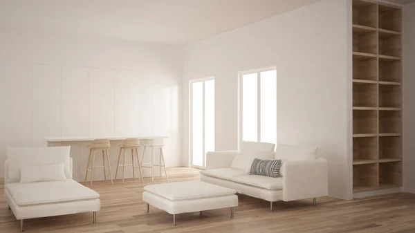 Minimalism Modern Empty Room White Hidden Kitchen Island Living Room — Stock Photo, Image