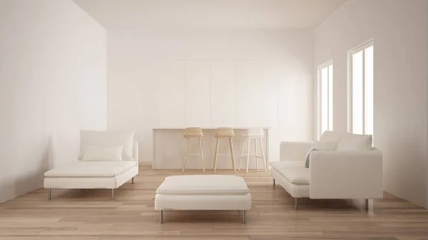 Minimalism, modern empty room with white hidden kitchen with island, living room, parquet floor, white and wooden interior design