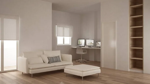 Minimalism, modern living room with empty bookshelf, corner home workplace, parquet floor, white and wooden interior design