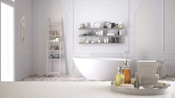 Spa, hotel bathroom concept. White table top or shelf with bathing accessories, toiletries, over blurred scandinavian vintage bathroom, modern architecture interior design