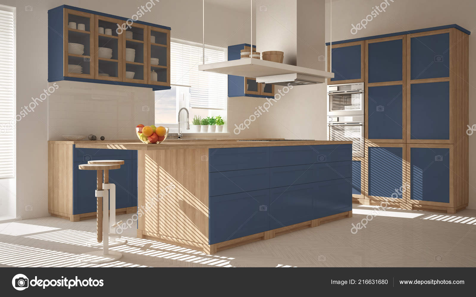 Modern Wooden Blue Kitchen Island Stools Windows Parquet Herringbone Floor Stock Photo Image By C Archiviz 216631680