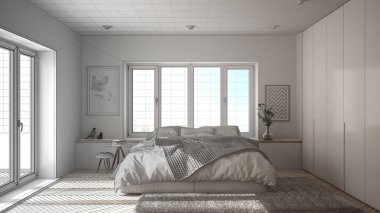 Tamamlanmamış proje taslak iç tasarım, İskandinav beyaz ve yeşil minimalist yatak odası panoramik penceresi, kürk halı ve balıksırtı parke