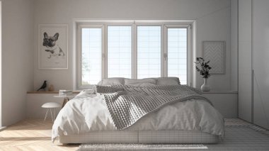 Tamamlanmamış proje taslak iç tasarım, İskandinav beyaz ve yeşil minimalist yatak odası panoramik penceresi, kürk halı ve balıksırtı parke