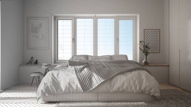 Tamamlanmamış proje taslak iç tasarım, İskandinav beyaz ve yeşil minimalist yatak odası panoramik penceresi, kürk halı ve balıksırtı parke