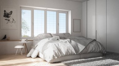 Tamamlanmamış proje taslak iç tasarım, İskandinav beyaz ve yeşil minimalist yatak odası panoramik penceresi, kürk halı ve balıksırtı parke