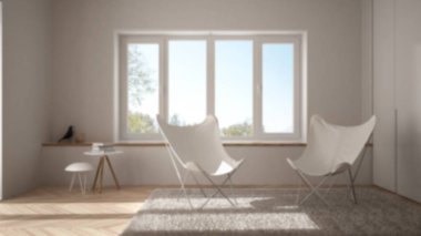 Arka plan dekorasyon, en az oturma odası koltuk halı, parke zemin ve panoramik pencere, İskandinav mimarisi ile bulanıklık