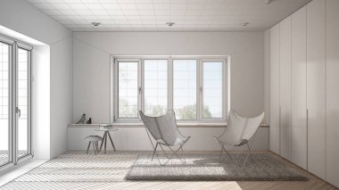 Tamamlanmamış proje taslak iç tasarım, en az oturma odası koltuk halı, parke zemin ve panoramik pencere, İskandinav mimarisi ile