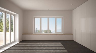 Büyük panoramik pencerelere ve ahşap zemin, minimalist beyaz ve gri mimari iç tasarım ile modern boş alan