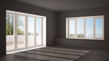 Büyük panoramik pencerelere ve ahşap zemin, minimalist gri mimari iç tasarım ile modern boş alan