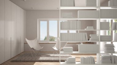 Kitaplık yakın çekim, raf ön plan, iç tasarım konsepti, İskandinav salon içinde belgili tanımlık geçmiş