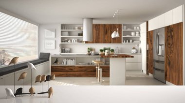Masa üstü veya raf minimalist kuş süsleme ile beyaz, ıvır - ustalık bulanık çağdaş ahşap mutfak, modern iç mekan tasarımları üzerinde kuş