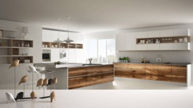 Masa üstü veya raf minimalist kuş süsleme ile beyaz, ıvır - ustalık bulanık çağdaş ahşap mutfak, modern iç mekan tasarımları üzerinde kuş