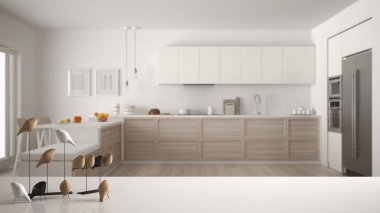 Masa üstü veya raf minimalist kuş süsleme ile beyaz, ıvır - ustalık bulanık çağdaş İskandinav ahşap mutfak, modern iç mekan tasarımları üzerinde kuş