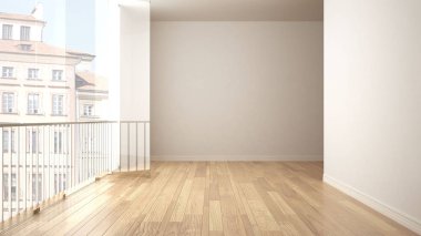 Parke zemin ve büyük panoramik penceresinde boş iç. Şehir panorama içinde belgili tanımlık geçmiş. Eko ev iç tasarım