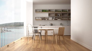 Minimalist beyaz ve ahşap mutfak yemek masası ve büyük panoramik penceresine. Arka plan mavi gökyüzü ile deniz ve granit kaya panorama. Eko ev iç tasarım