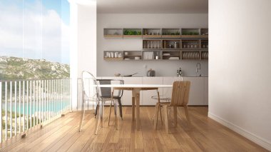 Minimalist beyaz ve ahşap mutfak yemek masası ve büyük panoramik penceresine. Arka plan mavi gökyüzü ile deniz ve granit kaya panorama. Eko ev iç tasarım