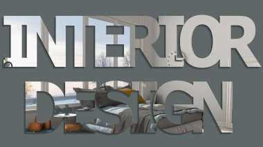 Panoramik pencereli, pastel renkler renkli yatak odası üzerinde kelime arka plan, iç tasarım ifade, yazıt, yazı harfleri