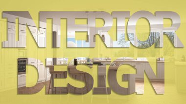 Klasik ahşap mutfak ada, pastel renk üzerinde kelime arka plan, iç tasarım ifade, yazıt, yazı harfleri