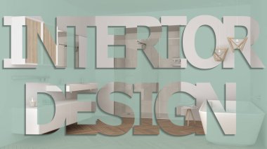 Modern banyo küvetli, pastel renk üzerinde kelime arka plan, iç tasarım ifade, yazıt, yazı harfleri