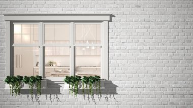 Dış tuğla duvar Saksı bitki, gösteren iç çağdaş mutfak, kopya alanı, mimari tasarım konsepti ile boş arka plan beyaz pencereli