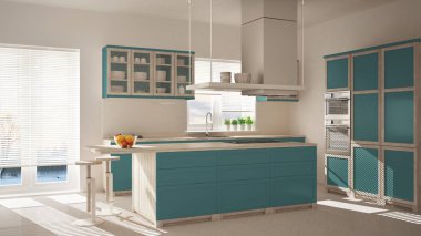 Modern ahşap ve Turkuaz ada, dışkı ve windows, parke balıksırtı zemin, mimari minimalist iç tasarım mutfak