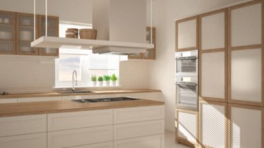 Arka plan iç tasarım, modern ahşap ve beyaz mutfak Adası, dışkı ve windows, parke balıksırtı zemin ile bulanıklık