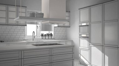 Modern ahşap ve beyaz mutfak Adası, dışkı ve windows, parke balıksırtı zemin ile tamamlanmamış proje