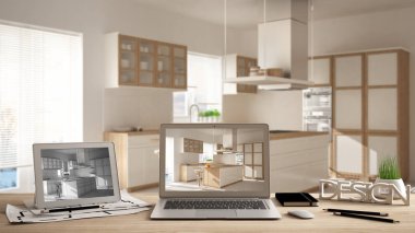 Tasarımcı masaüstü kavramı, dizüstü ve tablet ahşap çalışma masası üzerinde iç mimari proje ve Cad kroki, arka planda, modern mutfak fikir şablon bulanık taslak gösterilen ekran ile Mimar