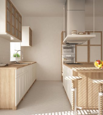 Modern ahşap ve beyaz mutfak ada, dışkı ve windows, parke balıksırtı zemin, mimari minimalist dekorasyon ile