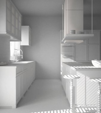 Toplam beyaz proje taslak, iç tasarım, modern ahşap ve beyaz mutfak ada, dışkı ile windows, balıksırtı zemin parke