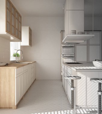 Modern ahşap ve beyaz mutfak Adası, dışkı ve windows, parke balıksırtı zemin ile tamamlanmamış proje