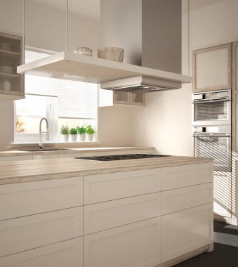 Modern ahşap ve beyaz mutfak ada, gaz sobası ve lavabo, parke balıksırtı zemin, mimari minimalist dekorasyon ile