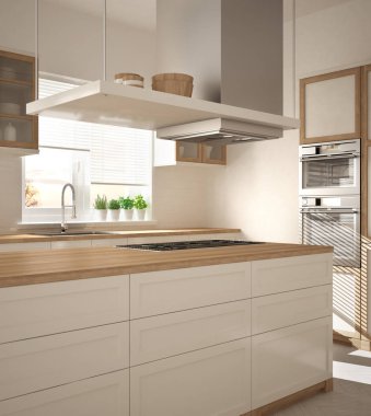 Modern ahşap ve beyaz mutfak ada, gaz sobası ve lavabo, parke balıksırtı zemin, mimari minimalist dekorasyon ile