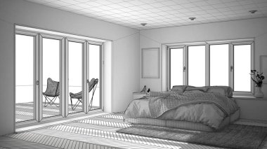 Tamamlanmamış proje taslak iç tasarım, İskandinav beyaz ve yeşil minimalist yatak odası panoramik penceresi, kürk halı ve balıksırtı parke