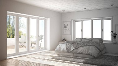Tamamlanmamış proje taslak iç tasarım, İskandinav beyaz ve yeşil minimalist yatak odası panoramik penceresi, kürk halı ve balıksırtı parke