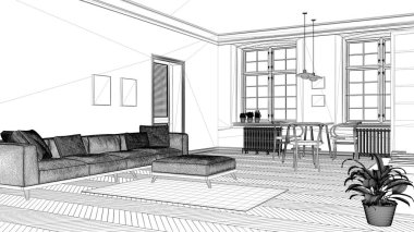İç tasarım projesi, siyah ve beyaz mürekkep kroki, mimari plan gösteren modern oturma odası, yemek masası